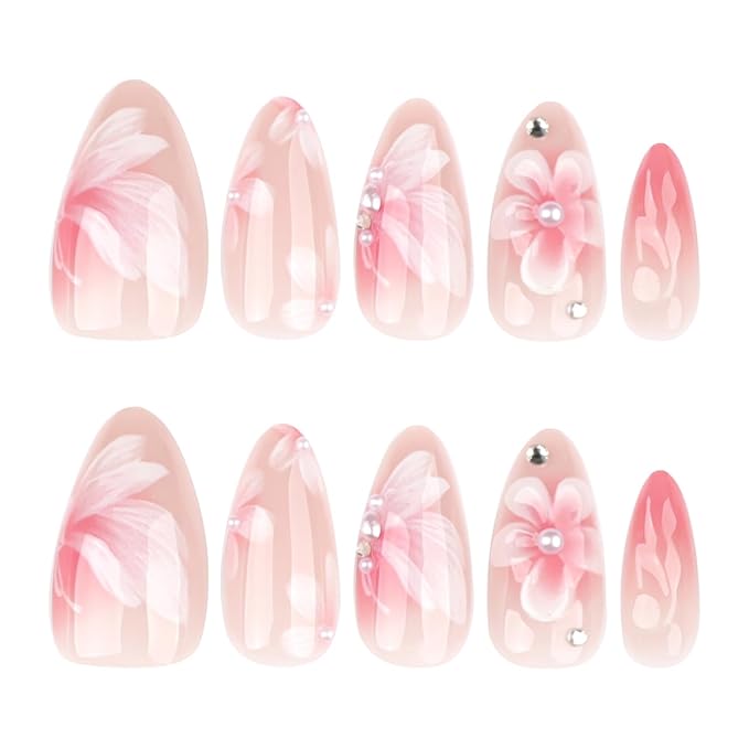 24Pcs Pink Press on Nails Medium Almond Fake Nails with 3D Flower Petal Design Nail Tips Stick on Nails False Nails Spring Summer Floral Acrylic Nail Glue on Nail for Women Parties Dates Wear