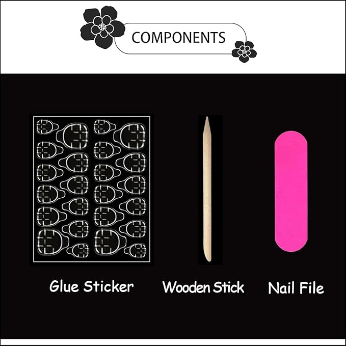 Square Press on Nails Medium - White French Tip with Heart Stripes Design - Glossy Full Cover Stick on False Nails - for Women 24 Pcs