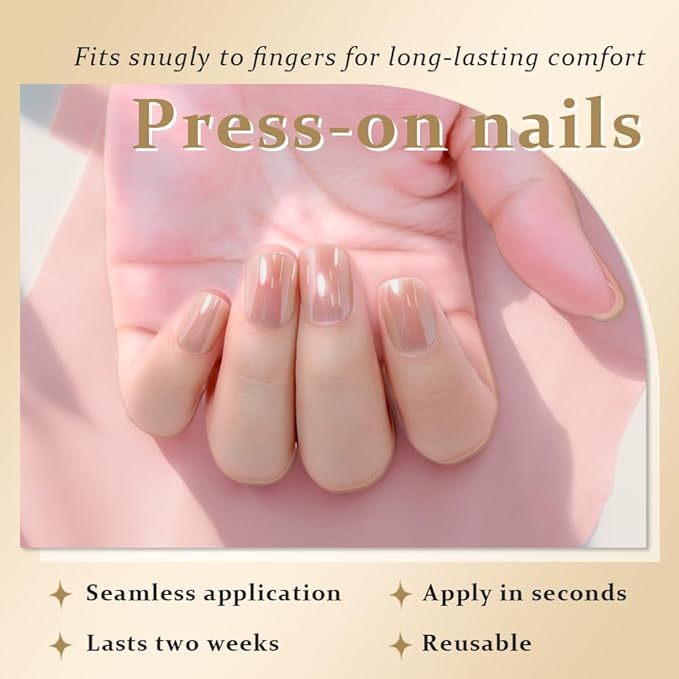 evpct Nude Glazed Press on Nails Short Square for Women Girls Gift, Chrome Glazed Nude Fake Nails Reusable with Soft Gel, Glossy Glitter Stick on False Nail Kit Salon Quality DIY at Home, 01