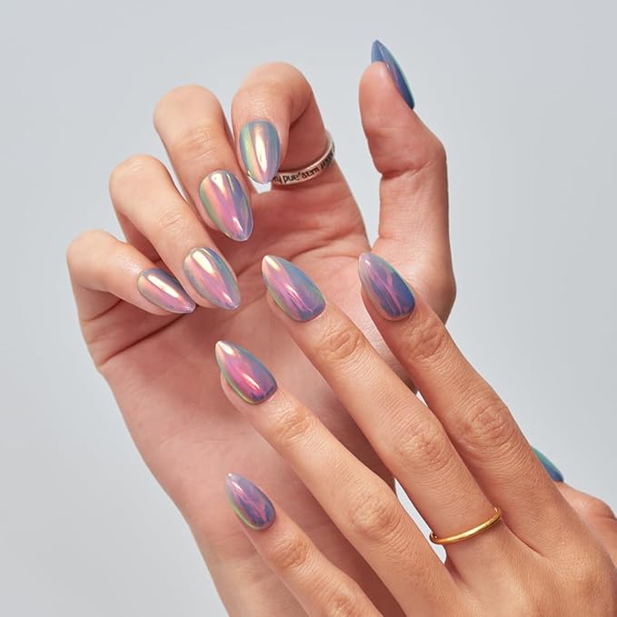 GLAMERMAID Blue Chrome Mermaid Press On Nails Short Almond, Mirror Powder Handmade Soft Jelly Gel Fake Nails, Glazed Donut Round Oval Stick Glue on Nails Kit for Women, Reusable Acrylic False Nail Set