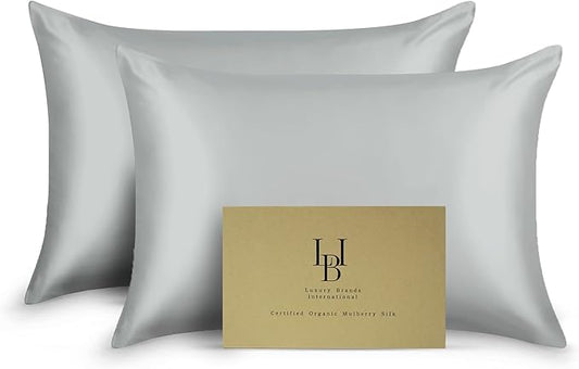 Silk Pillow Cases Certified Organic 100% Pure Mulberry Silk Pillowcase Grade 6A 25 Momme Pillowcase (Gray, Queen, Pack of 2)