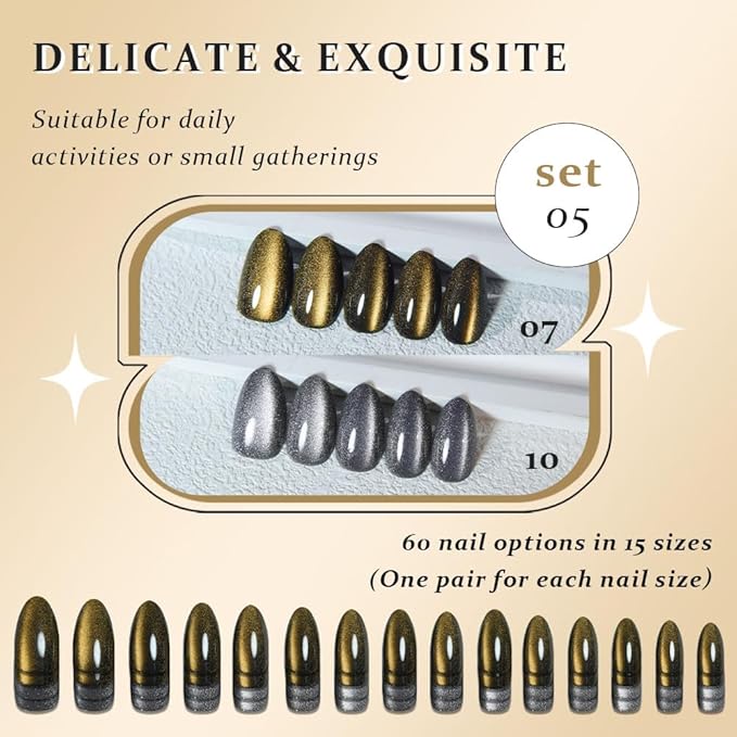 evpct Cat Eye Gold Silver Press on Nails Almond Short, Gold Silver Metal Short Almond Soft Gel Press on Nails with Nail Kit, 60Pcs Reusable Acrylic Fake Press-on Nail Polish Kit for Women Gift