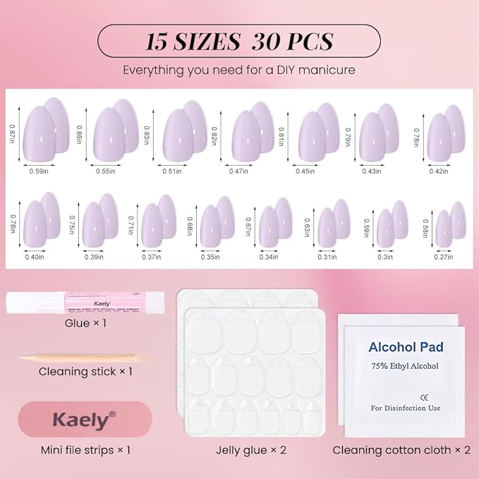 evpct Glossy Press on Nails Short Almond Short for Women, Orchid Purple Fake Nail with Kits Salon Quality Reusable Stick on Nails In 15 Sizes 30Pcs Full Cover False Nail Soft Gel Set Kit for Gift, 07
