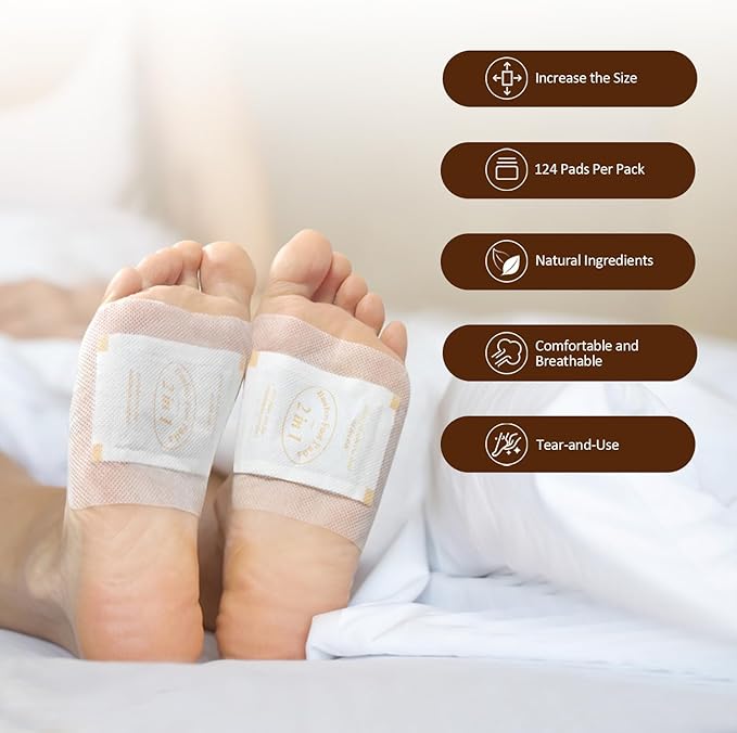 TEWEAE Foot Pads for Better Sleep, 124 Pads One-Piece Design Natural Bamboo Vinegar Foot Pads - No Off - Improves Sleep and Relaxation - Premium Foot Care Good Night Foot Patches (2 in 1 Design)