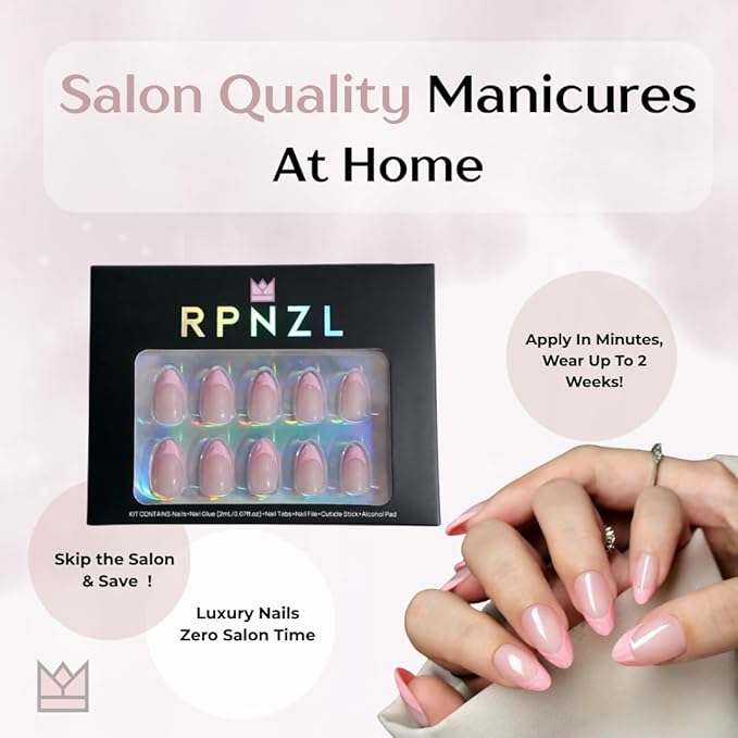 RPNZL Press On Nails - BubbleGum French | 3D Pink French Tip, UV Finish Almond Nails, Reusable | 32 Nails, 16 Sizes Kit with Glue and Adhesive Tabs I Female Founded