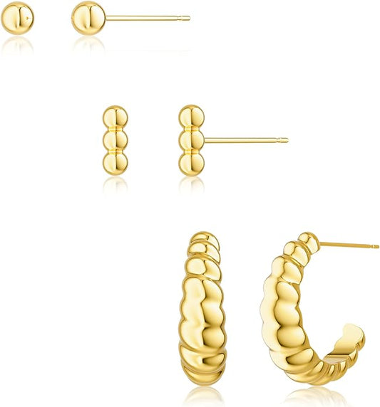 Freekiss 3 Pairs Gold Hoop Earrings Set: Dainty Stud Earrings Trendy Small 14K Gold Plated Hypoallergenic Dangle Cartilage Huggie Hoop Earrings for Women Gold Jewelry for Women Gifts