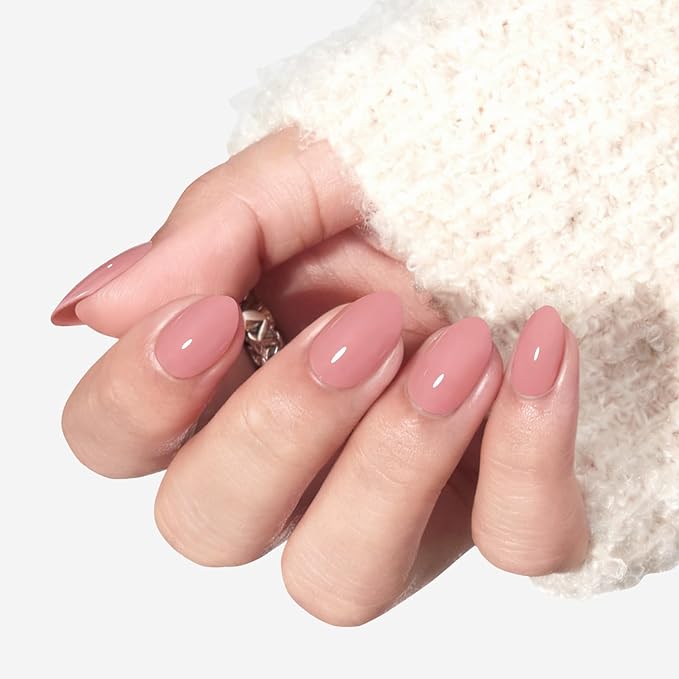 modelones Soft Pink Short Press on Nails, Semi-Transparent Oval Fake Nails Kit Press Ons with Nail Glue, Adhesive Tabs, Nail File, Prep Pad, Manicure Stick, 32Pcs 16 Sizes, Valentines