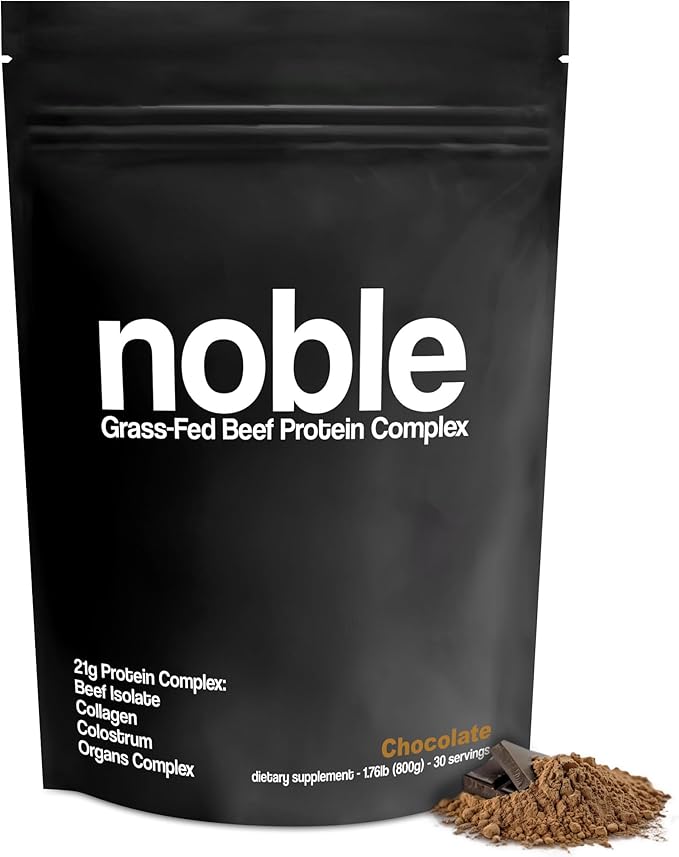 Noble All-in-One Chocolate Protein Powder, 21g Grass-Fed Beef Protein & Collagen, Colostrum & Organ Blend, Whey-Free, Seed Oil-Free, Zero-Carb, 30 Servings (1.75lbs)