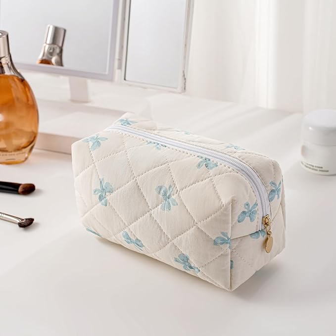 Cute Floral Makeup Bag Small Cotton Quilted Cosmetic Bag, Aesthetic Essential Bag Emergency Bag Gift for Women Girls Travel Accessories (Blue Small Bowknot)
