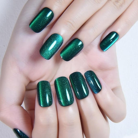 evpct Dark Emerald Green Metallic Cat Eye Press on Nails Square Medium, Stick on Nails Medium Length Square for Women, Green Metallic Nail press ons, Iridescent Glitter Acrylic Fake Press on Nail