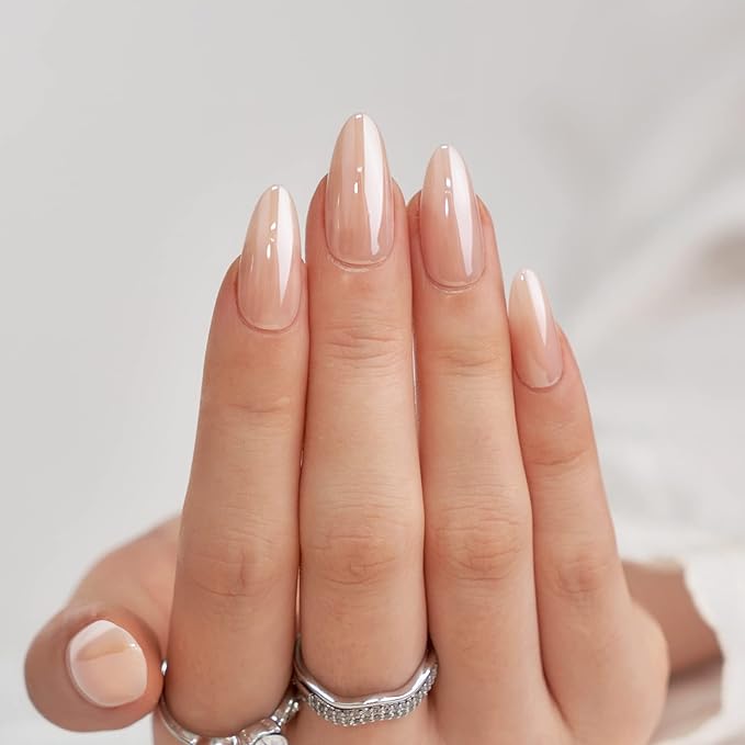 BTArtbox Press on Nails Almond Medium Soft Gel Chrome Nails, Light Weight & Fit Perfectly, Natural Fake Nail with Nail Glue, Nude Glue On Nails in 15 Sizes - 30 Nail Kit, Champagne Glazed