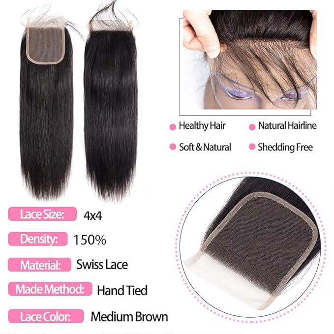 4 Bundles with Closure Human Hair Straight Bundles Human Hair for Black Woman (16 18 20 22+14 Closure) Sew In Hair Extensions Real Human Hair Glossy Hair Bundles Double Weft Black Color