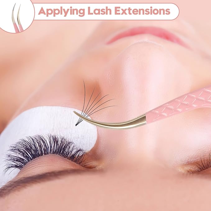 Ms.Queen Curved Tweezers for Eyelash Extensions,Diamond Grip Curved Volume Tweezers Fiber Tip Isolation Lash Tweezers