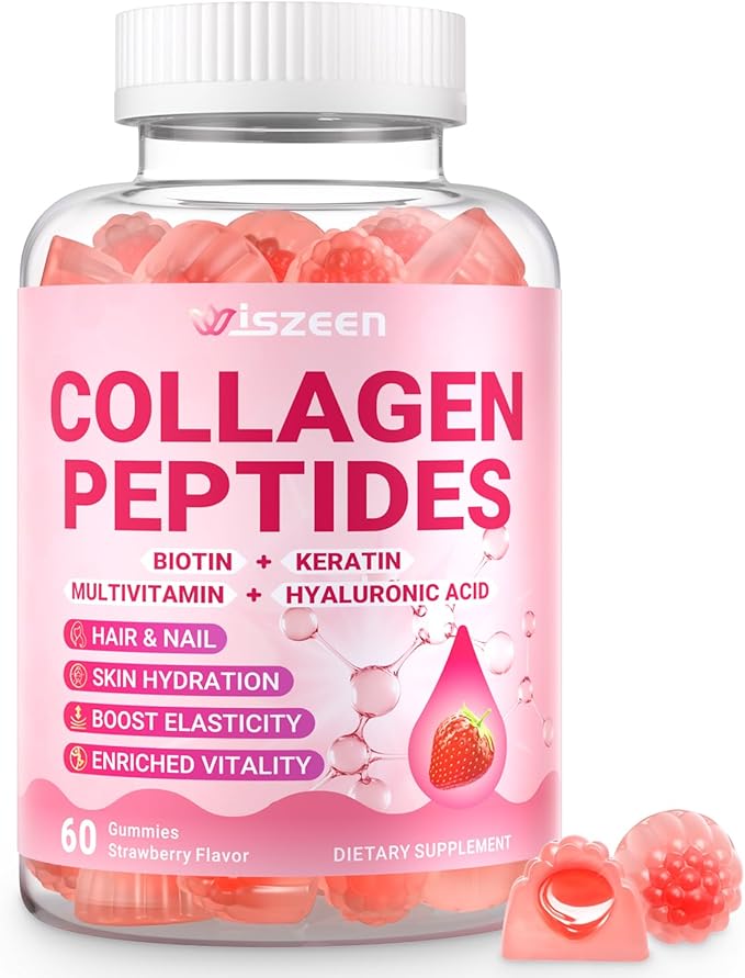 Wiszeen Collagen Gummies for Women - Sugar-Free Hydrolyzed Collagen Gummy with Biotin, Hyaluronic Acid & MultiVitamins, Type I, II, III, V & X Collagen Peptides - Promote Skin/Hair/Nail/Bones, 60 Cts