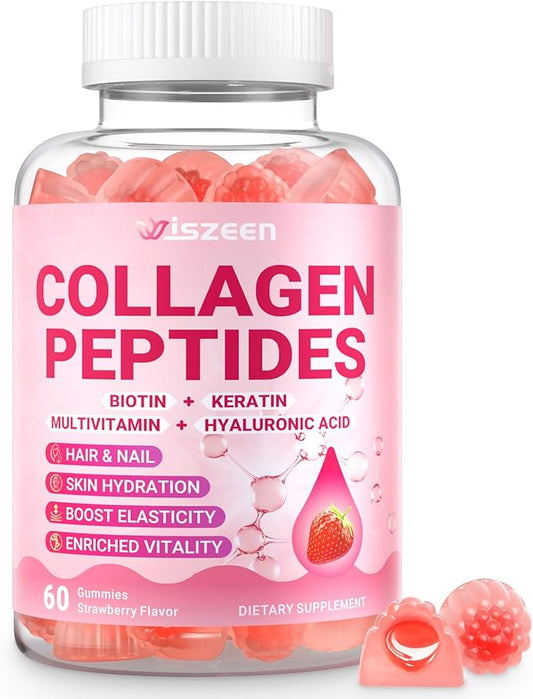 Wiszeen Collagen Gummies for Women - Sugar-Free Hydrolyzed Collagen Gummy with Biotin, Hyaluronic Acid & MultiVitamins, Type I, II, III, V & X Collagen Peptides - Promote Skin/Hair/Nail/Bones, 60 Cts
