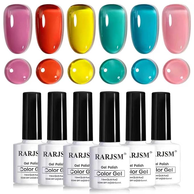 RARJSM Amber Jelly Gel Nail Polish Set 6pcs Clear Glazed Stained Glass Rose Pink Red Blue Green Yellow Series Crystal Transparent Sheer Gelpolish Curing Requires Soak off Home Salon Manicure