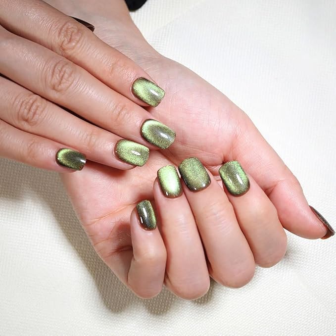 evpct Light Green Cat Eye Extra Short Press on Nails Square, Petite Short Square Stick on Nails for Women Gift, Light Green Metallic Glitter Glossy Reusable Gel Press on Acrylic Fake Nail with Designs