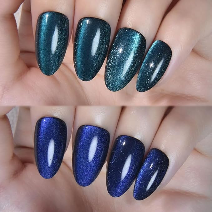 evpct Dark Blue Press on Nails Almond Short, Sapphire Royal Blue Cat Eye Glitter Press on Nails for Women Gift, Soft Gel Press Stick on Nail with Nail Kit, 60Pcs Reusable Acrylic Fake Nails Kit