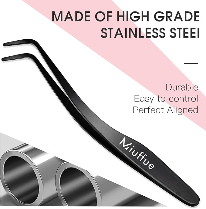 Miuffue Lash Applicator Tool DIY Eyelash Applicator Stainless Steel Curved Eyelash Tweezers for Cluster Lashes (Black)