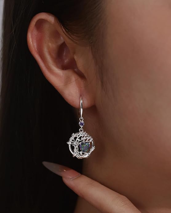 FANCIME Tree of Life Dangle Drop Earrings 925 Sterling Silver Dainty Round Gemstone Birthstone Earring Fine Jewelry Birthday Christmas Gifts for Her Women