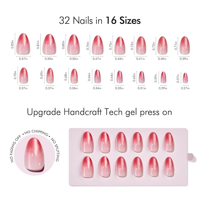 VSALON Press On Nails Short Almond, 32 Pcs 16 Sizes Red Cat Eye Press On Nails Ombre Fake Nails With UV Cure Nail Glue, Reusable Stick On Nails Sparkly False Nails Fall Gifts For Women