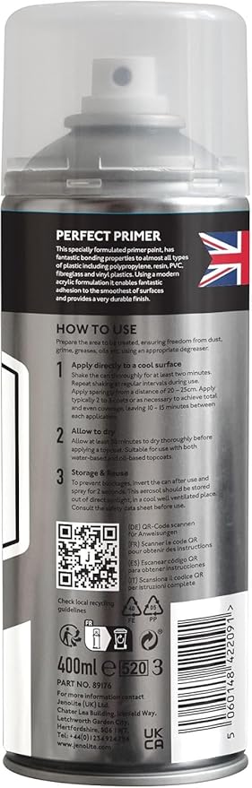 JENOLITE Plastic Primer Aerosol | WHITE | Premium Quality Durable Plastic Primer | Ideal for plastic garden furniture, planters & other hard plastics | 400ml (13.5 fl oz)