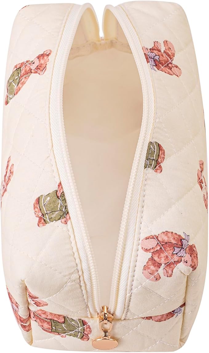 Cute Floral Makeup Bag Small Cotton Quilted Cosmetic Bag, Aesthetic Essential Bag Emergency Bag Gift for Women Girls Travel Accessories (Bear)