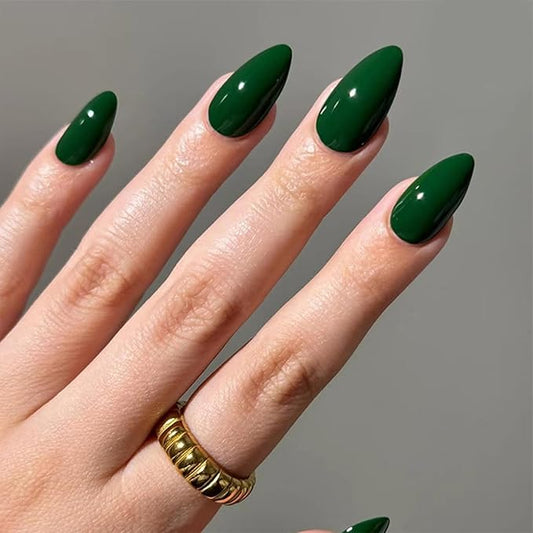 JONKASIPA Press On Nails (Short) - Dark Green Press-On Nails, French Oval False Nails with Nail Glue, Reusable Stick-On Nails, 24 Pcs Nail Set