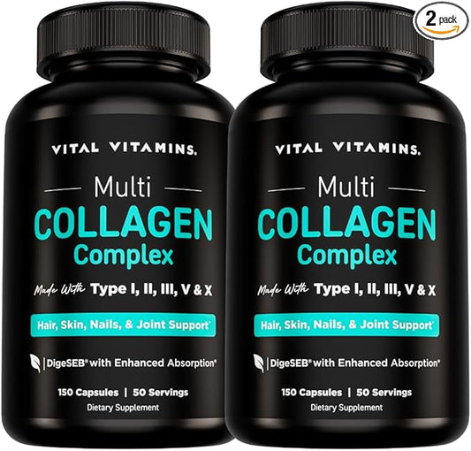 Vital Vitamins Multi Collagen Pills for Women & Men (2-Pack) - Hydrolyzed Collagen Peptides - Type I, II, III, V, X - Grass Fed, Non-GMO