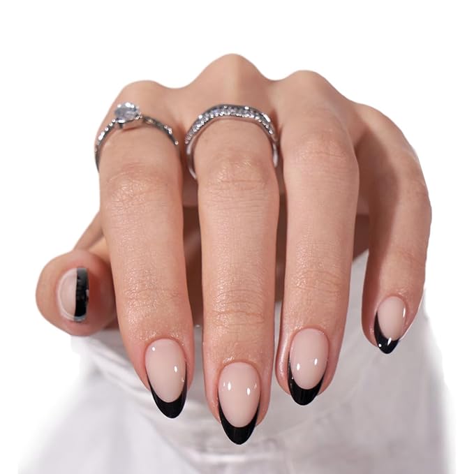 BTArtbox French Tip Press On Nails, Almond, Supremely Fit, Natural, Reusable Short Glue/Stick On Nails for Women Gift in 16 Sizes, Black French, 32 Fake Nails Kit