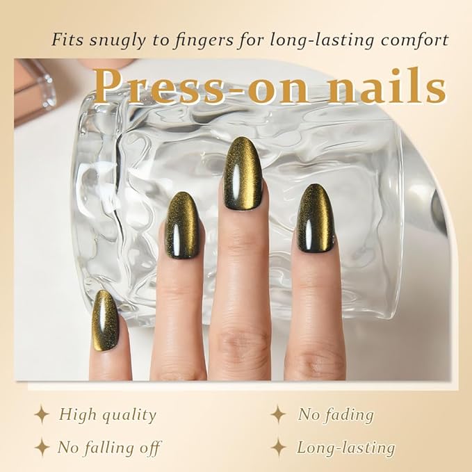 evpct Cat Eye Gold Silver Press on Nails Almond Short, Gold Silver Metal Short Almond Soft Gel Press on Nails with Nail Kit, 60Pcs Reusable Acrylic Fake Press-on Nail Polish Kit for Women Gift