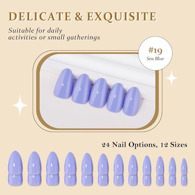 evpct Sea Blue Short Almond Glossy Press on Nails for Women Gift, Glossy Sea Blue Fake Nail with Nail Kit Manicure Kit, Soft Gel Full Cover Reusable Stick on Soft Acrylic False Nails Perfectly Fit