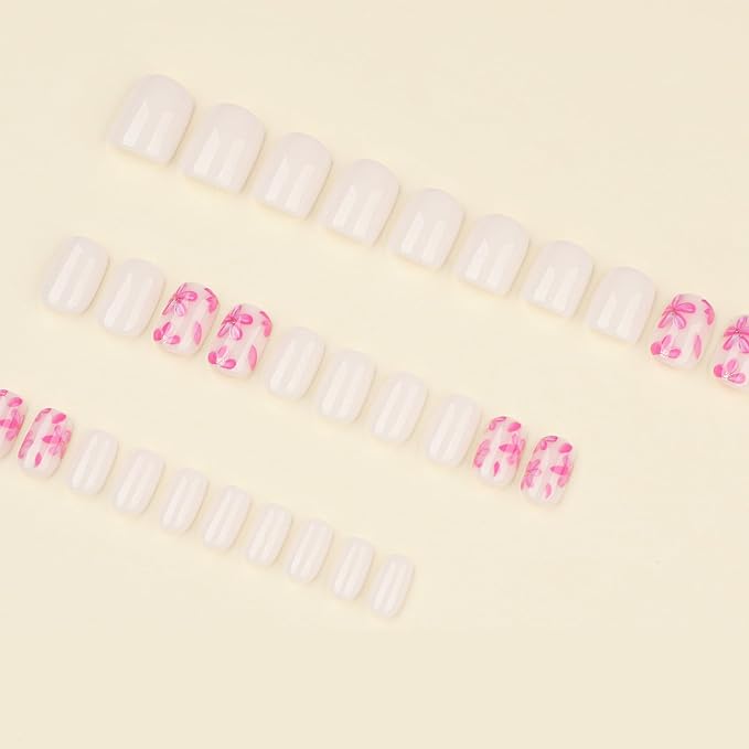 XZMeiLun White Press On Nails Extra Short Square, Pink Flower Sticke On Nails Kit, Floral Designer Reusable Acrylic Nails Press Ons, Fake Nails With Glue On Nails Set, Daily Wea False Nails For Women