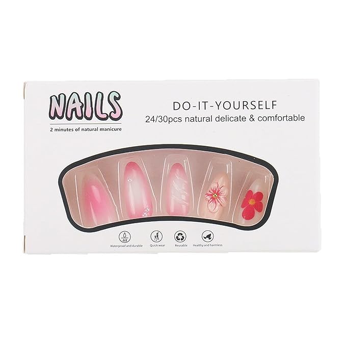 24Pcs Pink Press on Nails Floral False Nails Medium Almond Nails for Summer,Handmade Manicure Flower Nails Press On Nails Design with Adhesive Nail File Set Acrylic Nail for Women