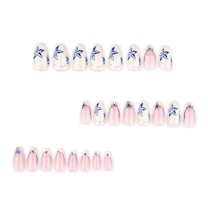 XZMeiLun Blue French Tips Press On Nails Short Almond, Flower Sticke On Nails, Floral Designer Reusable Acrylic Nails Press Ons, Fake Nails With Glue On Nails, Daily Wea False Nails For Women Girls