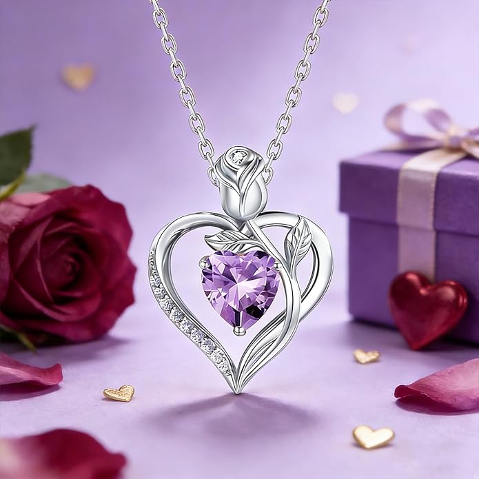 1.2CT Rose Heart Necklace Option of Moissanite or Lab-Grown Sapphire Ruby Emerald&More Necklace for Women Birthstone Girlfriend Necklace S925 Sterling Silver 18K White/Rose Gold Plated D Color VVS1 Gift for Wife Mother Daughter for Birthday Anniversary...