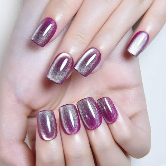 evpct Light Purple Cat Eye Extra Short Press on Nails Square, Petite Short Square Stick on Nails for Women Gift, Magenta Purple Holographic Glitter Glossy Reusable Gel Press on Acrylic Fake Nail