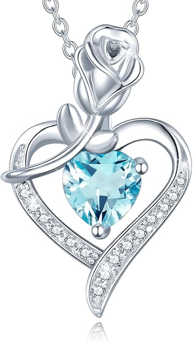 AGVANA Christmas Gifts Rosy Reverie Birthstone Necklace for Women Sterling Silver Genuine or Created Gemstone Rose Flower Heart Pendant Necklace Anniversary Birthday Gifts for Women Mom Wife Her