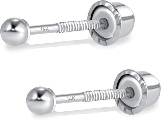 14k Real White Gold Ball Stud Earrings for Women & Men (2mm-8mm Diameter) - Real 14k Gold, Secure Screw Back Design