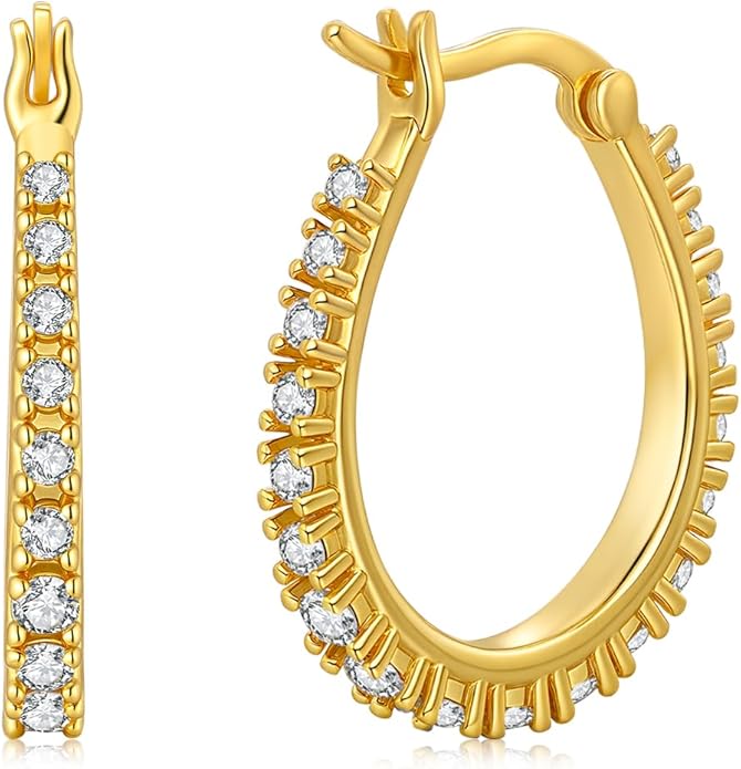 Oval/Round Hoop Huggie Earrings for Women 14k Gold Plated Earrings Hypoallergenic Cubic Zirconia Jewelry Gifts