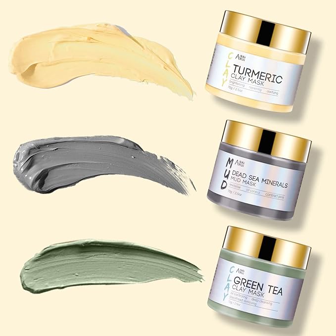 ANAI RUI 3Pack Face Mask Gift Set, Turmeric Clay Mask - Green Tea Mask - Dead Sea Minerals Mud Mask, Spa Gift Set Self Care Valentines Day Gifts for Women 2.5 oz Each