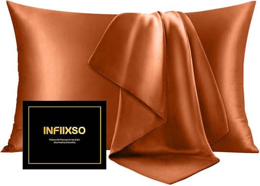 INFIIXSO Silk Pillow Cases 2 Pack Standard Size, Ultra Smooth & Soft Mulberry Silk Pillow Case for Hair and Skin, Breathable Cooling Silk Pillowcase with Hidden Zipper (Brunt Orange, 20x26 Inches)