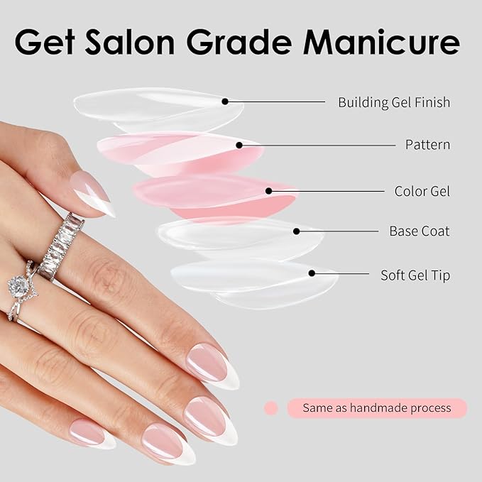 Canvalite French Tip Press On Nails Short, Chrome Almond Press on Nails Reusable Acrylic Fake Nails with Glue & Glue Remover Easy to Use 30Pcs Manicure Kit for Women, Natural White