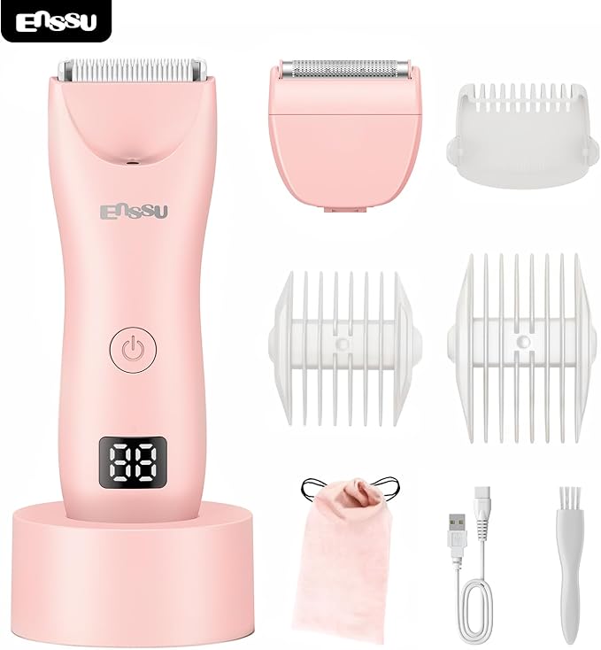 ENSSU Bikini Trimmer for Women - 2 in 1 Pubic Hair Trimmer IPX7 Waterproof, Razors for Women with LED Light & USB Charge, Painless Electric Shaver with Ceramic Blade for Bikini Legs Arm Underarm