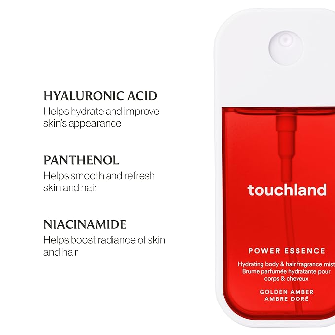 Touchland Hydrating Body & Hair Fragrance Mist, Golden Amber, 2 FL. OZ. Travel Size Body Spray