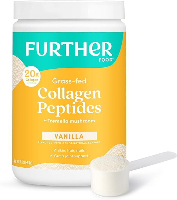 Further Food Vanilla Collagen Peptides Powder with Tremella Mushroom – 100% Grass-Fed, Hydrolyzed Type 1 & 3, 20g of Collagen per Serving, Supports Skin, Hair, Nails & Joints, 10.37 Oz