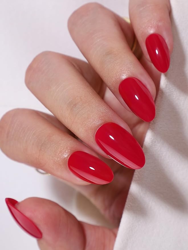 RPNZL Press On Nails - Cherry Bomb | Opaque Bright Red Medium Almond Fake Nails, Salon Quality - 32 Nails, 16 Sizes Kit with Glue and Adhesive Tabs I Female Founded