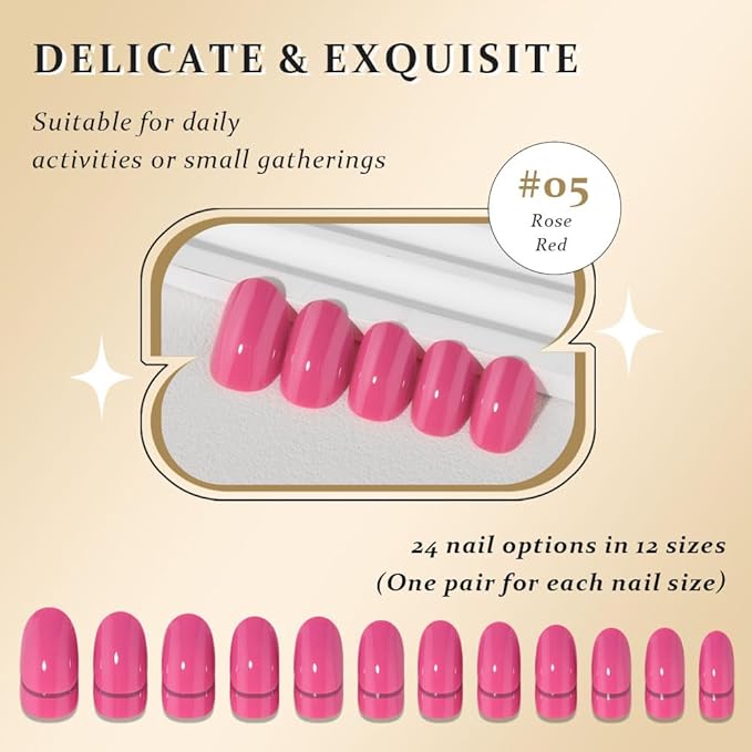 evpct Rose Red Medium Oval Glossy Press on Nails for Women Gift, Glossy Rose Red Fake Nail with Nail Kit Manicure Kit, Soft Gel Full Cover Reusable Stick on Soft Acrylic False Nails Perfectly Fit