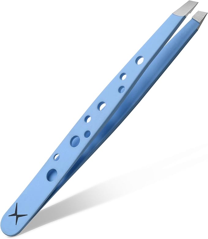 Premium Slant Tip Tweezers – Handmade Japanese Stainless Steel, Ultra-Precise Hair Removal Tool for Brows, Ingrowns & Splinters – Ergonomic 9-Hole Grip, Professional Salon Quality (Baby Blue)