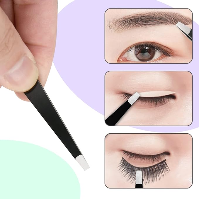 FIVETAS Stainless Steel Tweezers for Eyebrows-Flat Tweezer with Case for Women&Man,Great Precision on Brow,Facial Hair and Ingrown Hair Removal(Black)